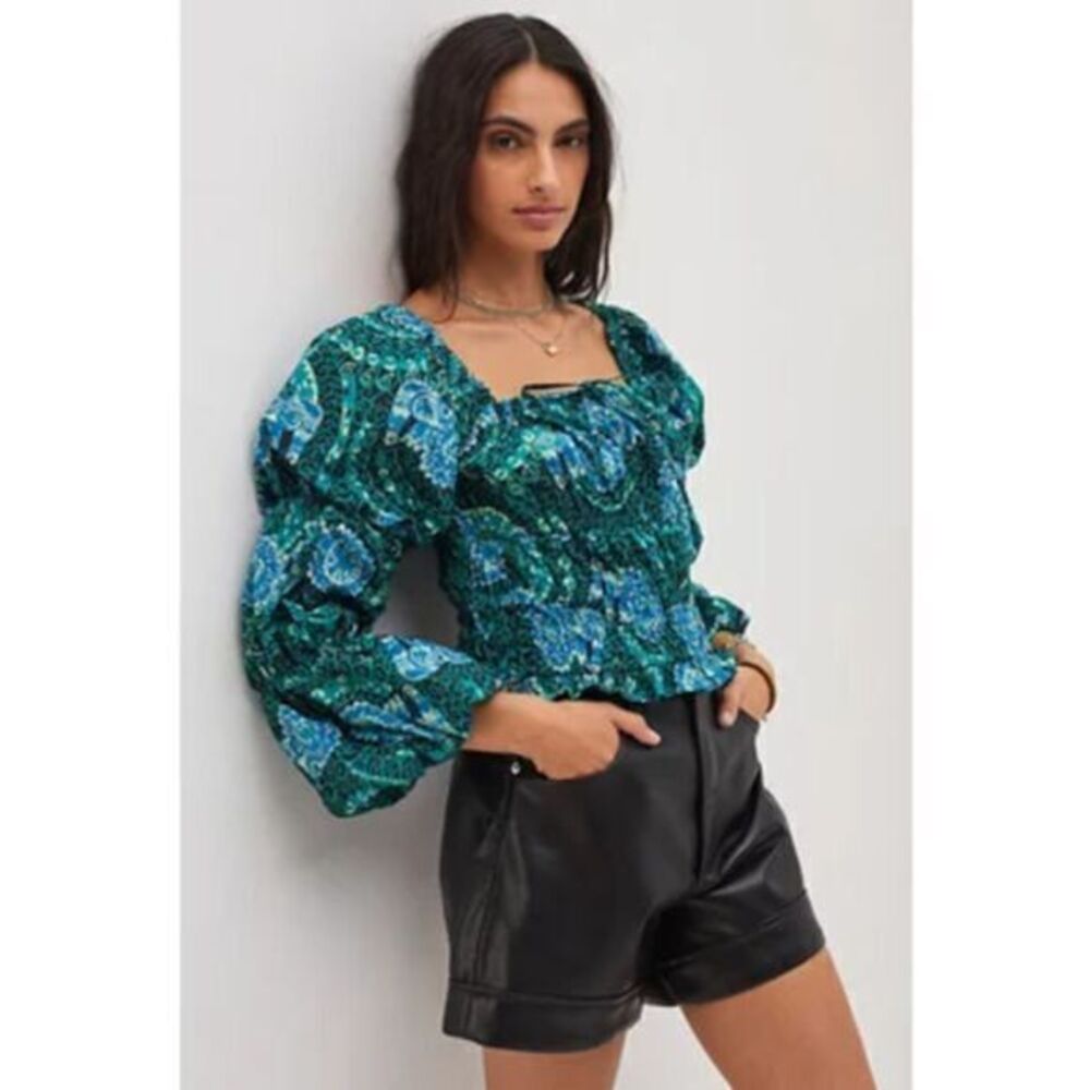 ANTHROPOLOGIE Blue Motif Tiered Poplin Blouse SMALL